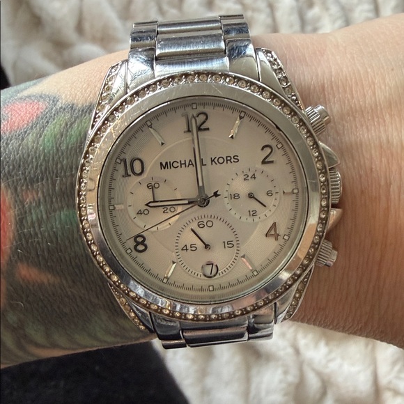 Michael Kors Silver Chronograph Watch with Crystal Details